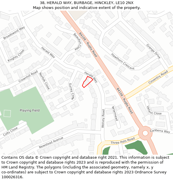 38, HERALD WAY, BURBAGE, HINCKLEY, LE10 2NX: Location map and indicative extent of plot