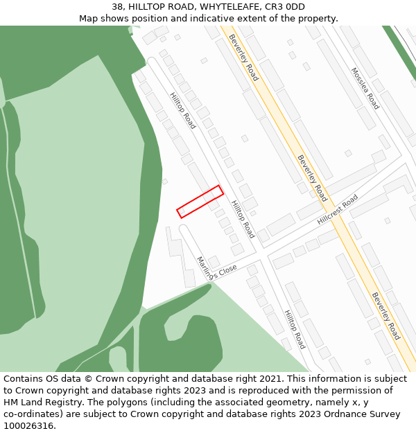 38, HILLTOP ROAD, WHYTELEAFE, CR3 0DD: Location map and indicative extent of plot