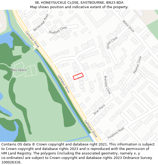 38, HONEYSUCKLE CLOSE, EASTBOURNE, BN23 8DA: Location map and indicative extent of plot