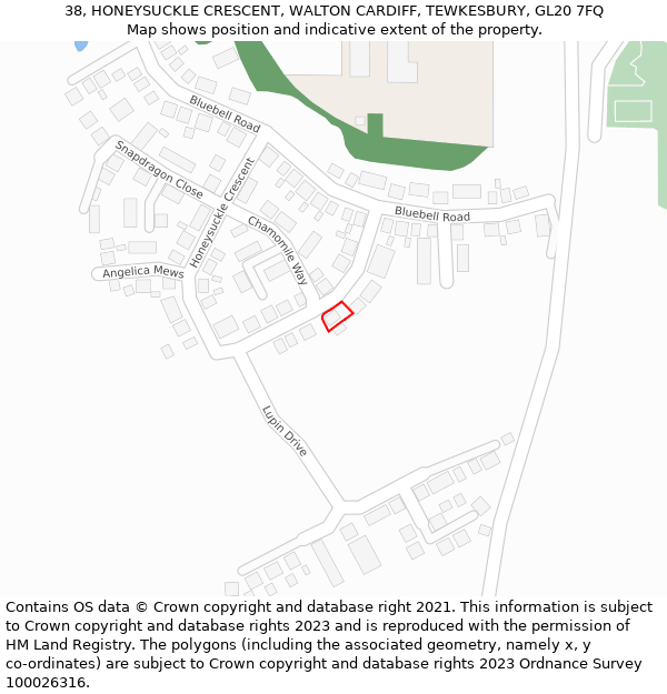 38, HONEYSUCKLE CRESCENT, WALTON CARDIFF, TEWKESBURY, GL20 7FQ: Location map and indicative extent of plot