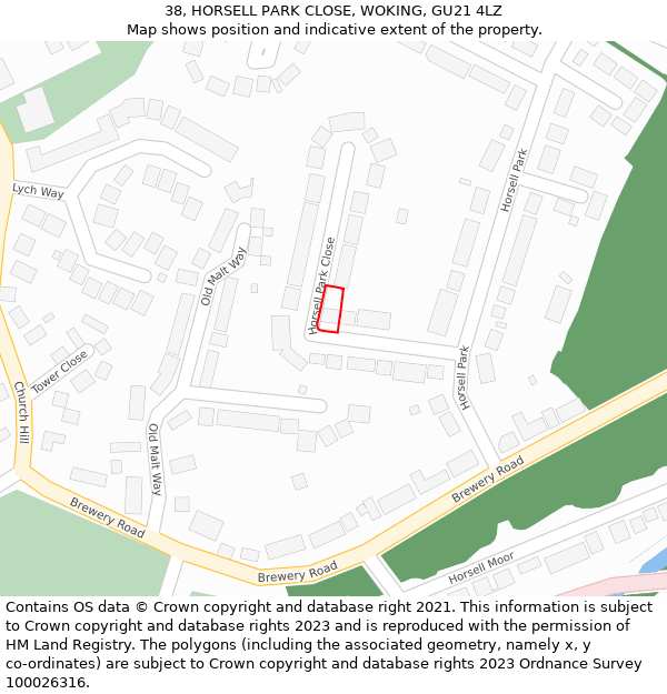 38, HORSELL PARK CLOSE, WOKING, GU21 4LZ: Location map and indicative extent of plot