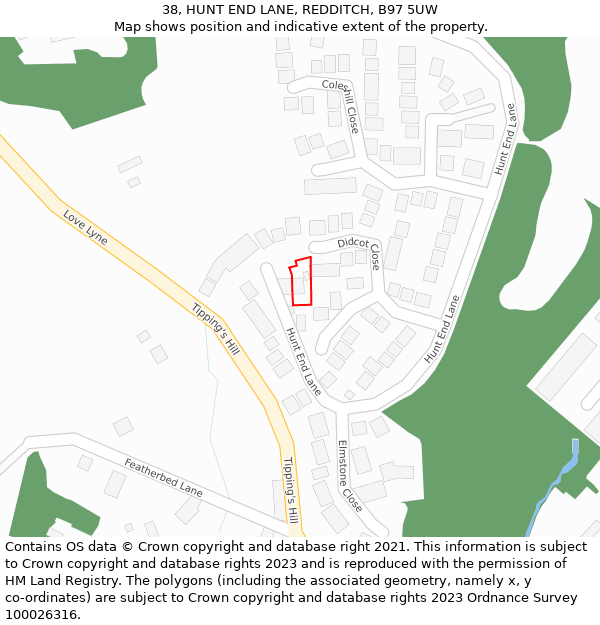 38, HUNT END LANE, REDDITCH, B97 5UW: Location map and indicative extent of plot