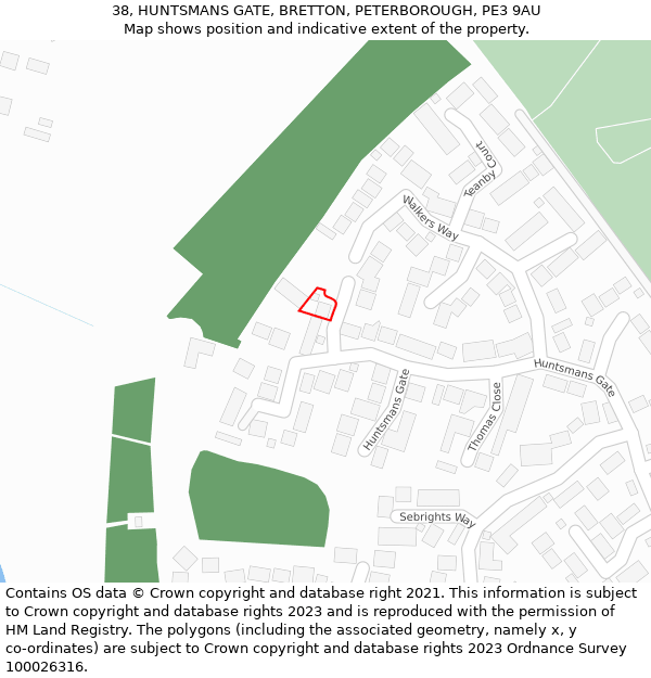 38, HUNTSMANS GATE, BRETTON, PETERBOROUGH, PE3 9AU: Location map and indicative extent of plot