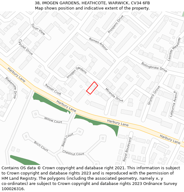 38, IMOGEN GARDENS, HEATHCOTE, WARWICK, CV34 6FB: Location map and indicative extent of plot