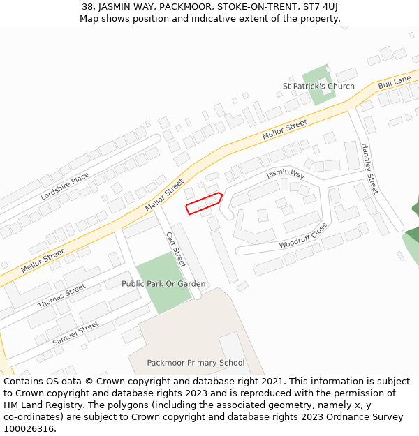 38, JASMIN WAY, PACKMOOR, STOKE-ON-TRENT, ST7 4UJ: Location map and indicative extent of plot