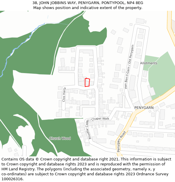 38, JOHN JOBBINS WAY, PENYGARN, PONTYPOOL, NP4 8EG: Location map and indicative extent of plot