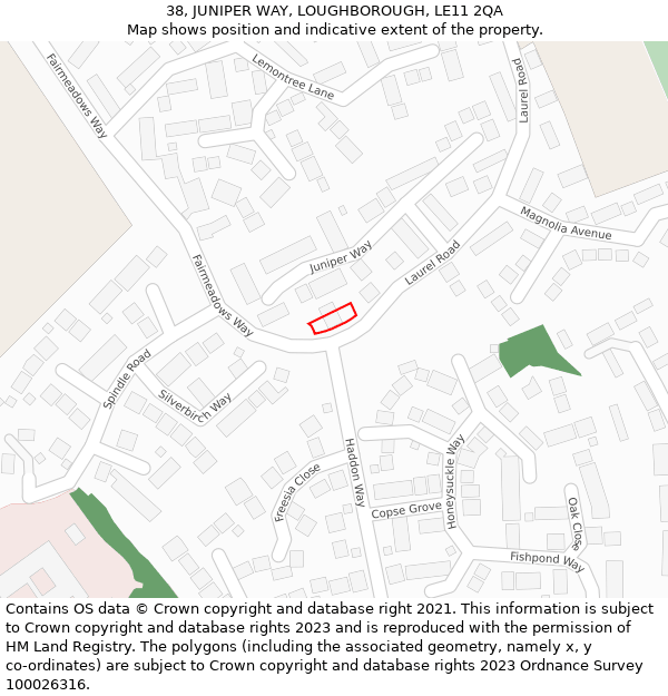 38, JUNIPER WAY, LOUGHBOROUGH, LE11 2QA: Location map and indicative extent of plot