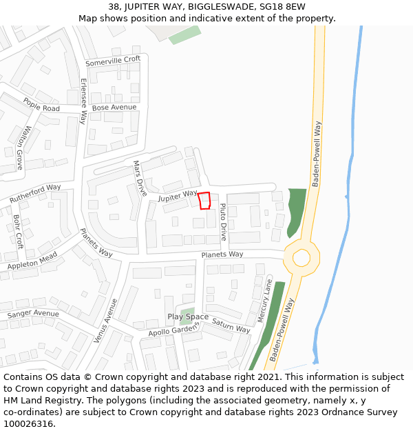 38, JUPITER WAY, BIGGLESWADE, SG18 8EW: Location map and indicative extent of plot