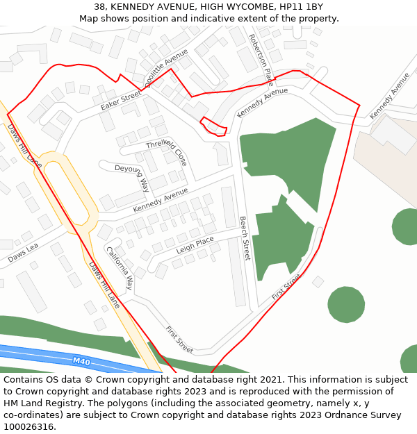 38, KENNEDY AVENUE, HIGH WYCOMBE, HP11 1BY: Location map and indicative extent of plot