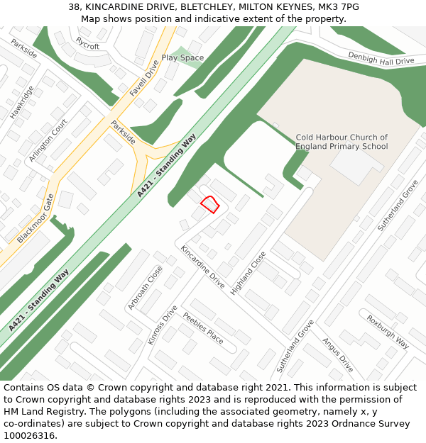 38, KINCARDINE DRIVE, BLETCHLEY, MILTON KEYNES, MK3 7PG: Location map and indicative extent of plot