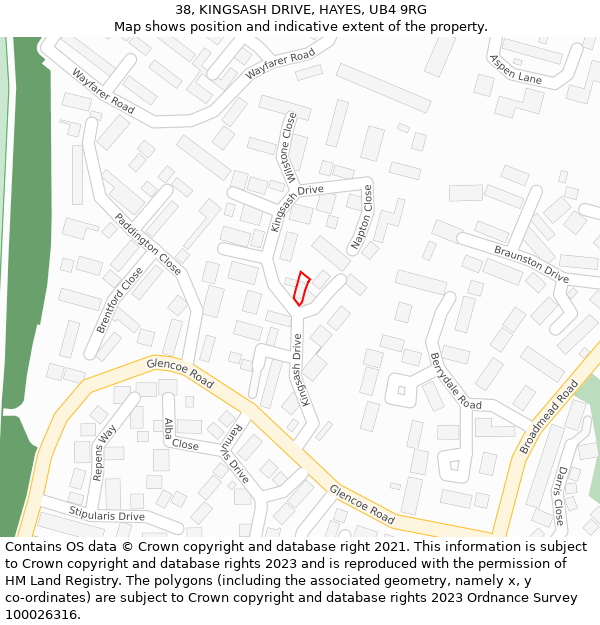 38, KINGSASH DRIVE, HAYES, UB4 9RG: Location map and indicative extent of plot