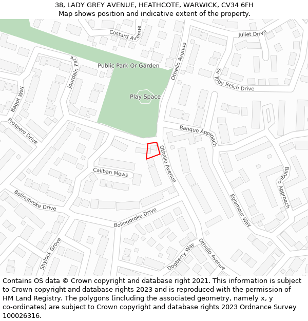 38, LADY GREY AVENUE, HEATHCOTE, WARWICK, CV34 6FH: Location map and indicative extent of plot