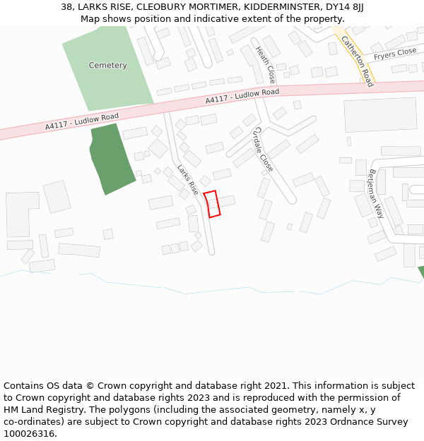 38, LARKS RISE, CLEOBURY MORTIMER, KIDDERMINSTER, DY14 8JJ: Location map and indicative extent of plot