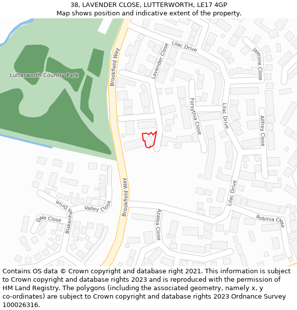 38, LAVENDER CLOSE, LUTTERWORTH, LE17 4GP: Location map and indicative extent of plot