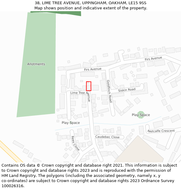 38, LIME TREE AVENUE, UPPINGHAM, OAKHAM, LE15 9SS: Location map and indicative extent of plot