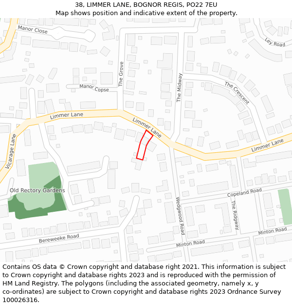 38, LIMMER LANE, BOGNOR REGIS, PO22 7EU: Location map and indicative extent of plot