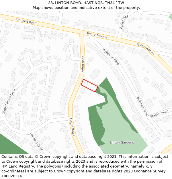 38, LINTON ROAD, HASTINGS, TN34 1TW: Location map and indicative extent of plot