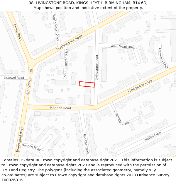 38, LIVINGSTONE ROAD, KINGS HEATH, BIRMINGHAM, B14 6DJ: Location map and indicative extent of plot