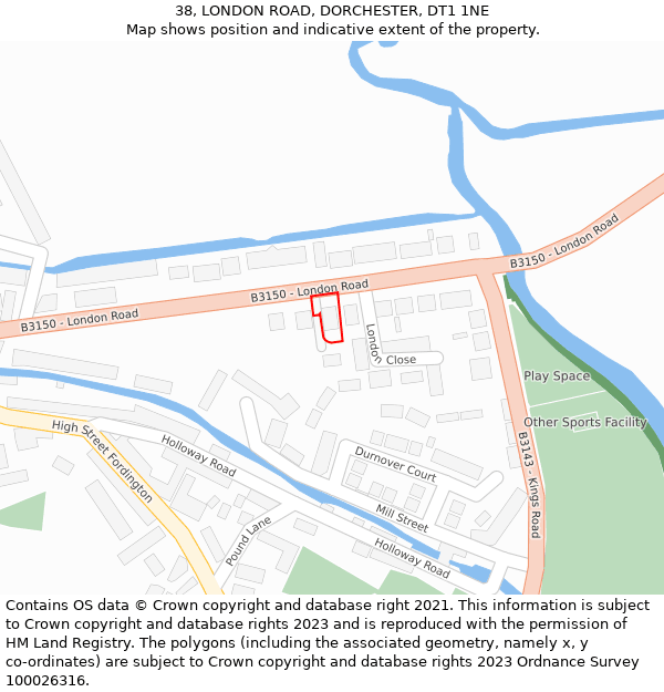 38, LONDON ROAD, DORCHESTER, DT1 1NE: Location map and indicative extent of plot