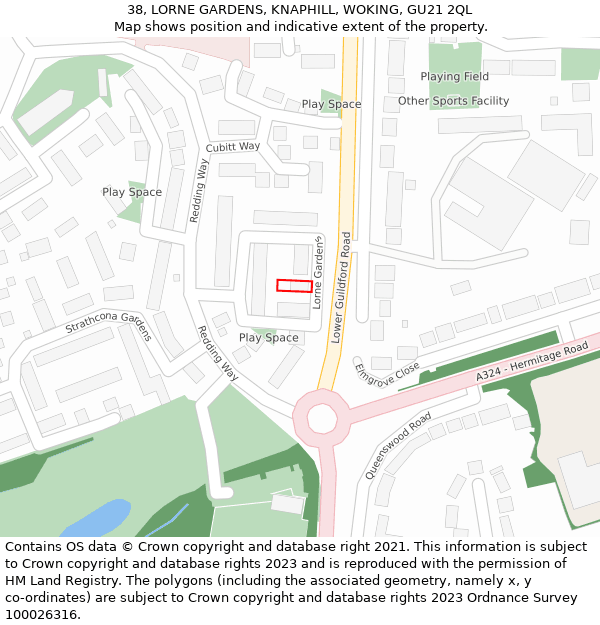 38, LORNE GARDENS, KNAPHILL, WOKING, GU21 2QL: Location map and indicative extent of plot