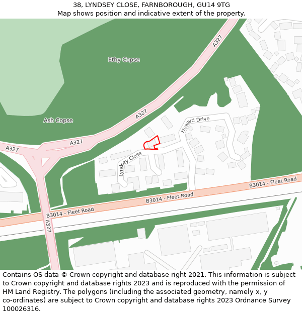 38, LYNDSEY CLOSE, FARNBOROUGH, GU14 9TG: Location map and indicative extent of plot