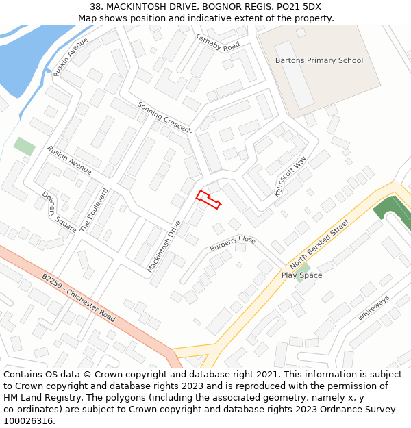 38, MACKINTOSH DRIVE, BOGNOR REGIS, PO21 5DX: Location map and indicative extent of plot