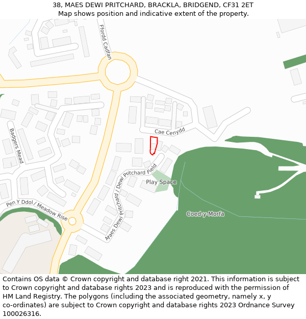 38, MAES DEWI PRITCHARD, BRACKLA, BRIDGEND, CF31 2ET: Location map and indicative extent of plot