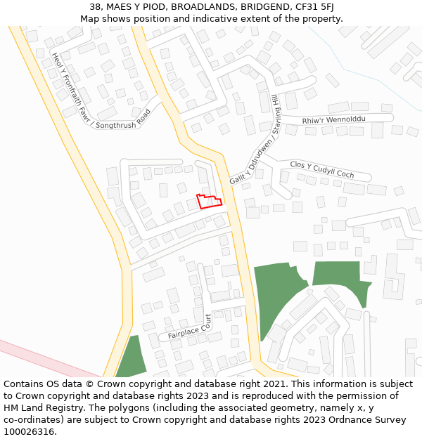 38, MAES Y PIOD, BROADLANDS, BRIDGEND, CF31 5FJ: Location map and indicative extent of plot