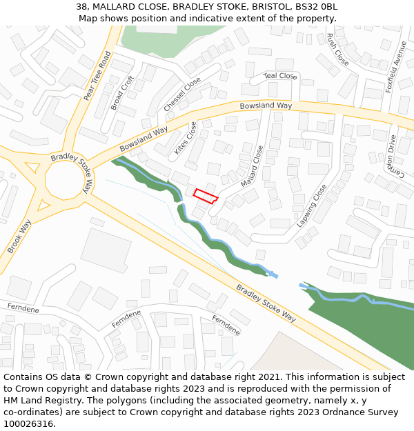 38, MALLARD CLOSE, BRADLEY STOKE, BRISTOL, BS32 0BL: Location map and indicative extent of plot