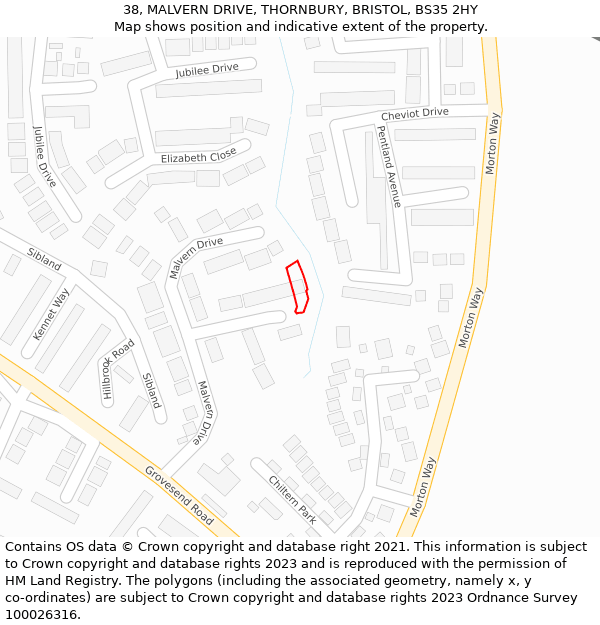 38, MALVERN DRIVE, THORNBURY, BRISTOL, BS35 2HY: Location map and indicative extent of plot