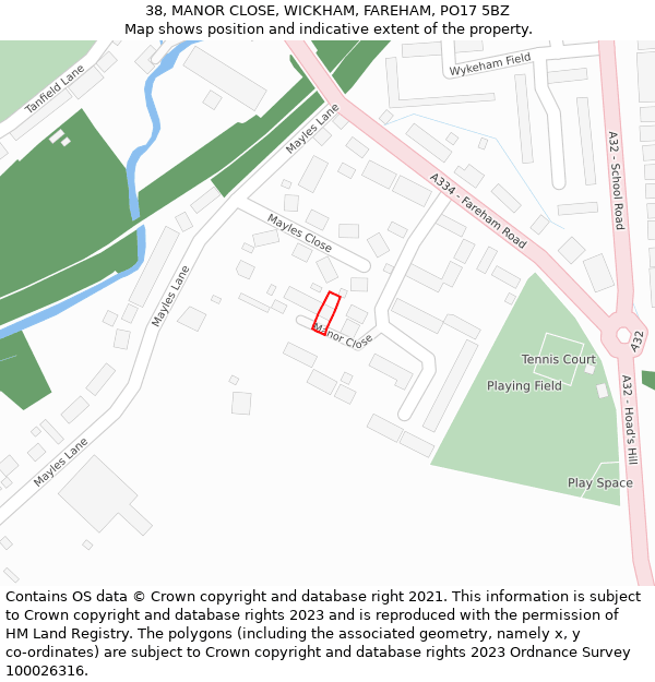 38, MANOR CLOSE, WICKHAM, FAREHAM, PO17 5BZ: Location map and indicative extent of plot