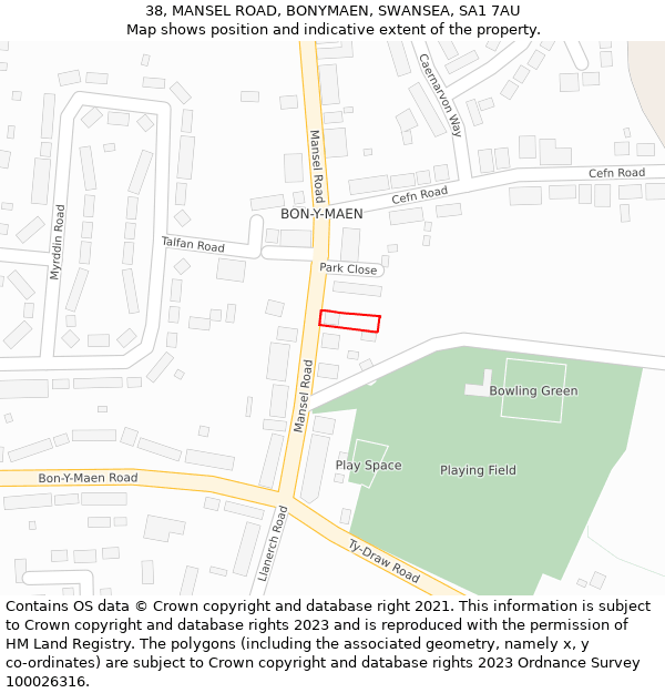 38, MANSEL ROAD, BONYMAEN, SWANSEA, SA1 7AU: Location map and indicative extent of plot