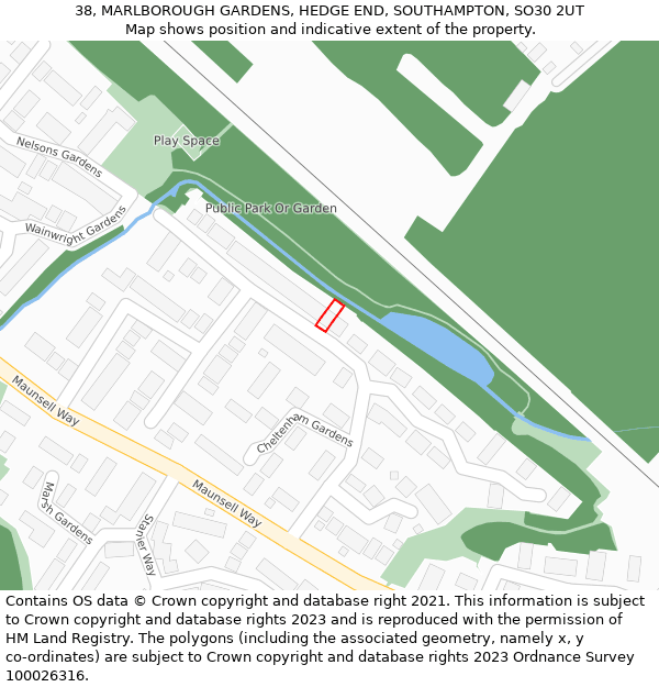 38, MARLBOROUGH GARDENS, HEDGE END, SOUTHAMPTON, SO30 2UT: Location map and indicative extent of plot