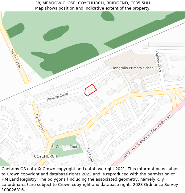 38, MEADOW CLOSE, COYCHURCH, BRIDGEND, CF35 5HH: Location map and indicative extent of plot