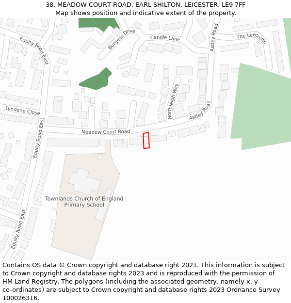 38, MEADOW COURT ROAD, EARL SHILTON, LEICESTER, LE9 7FF: Location map and indicative extent of plot