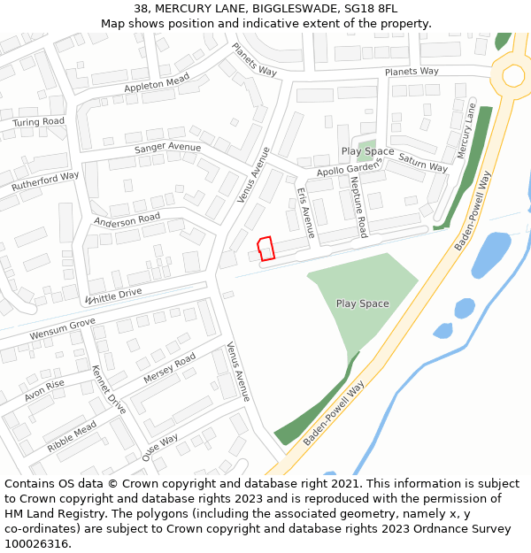 38, MERCURY LANE, BIGGLESWADE, SG18 8FL: Location map and indicative extent of plot