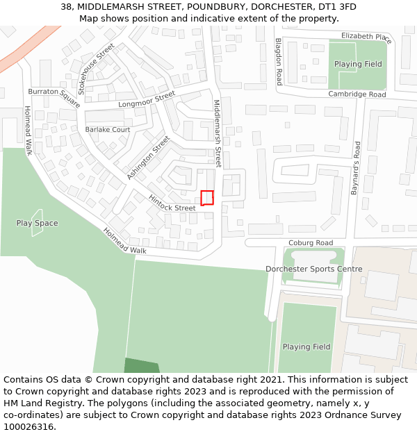 38, MIDDLEMARSH STREET, POUNDBURY, DORCHESTER, DT1 3FD: Location map and indicative extent of plot
