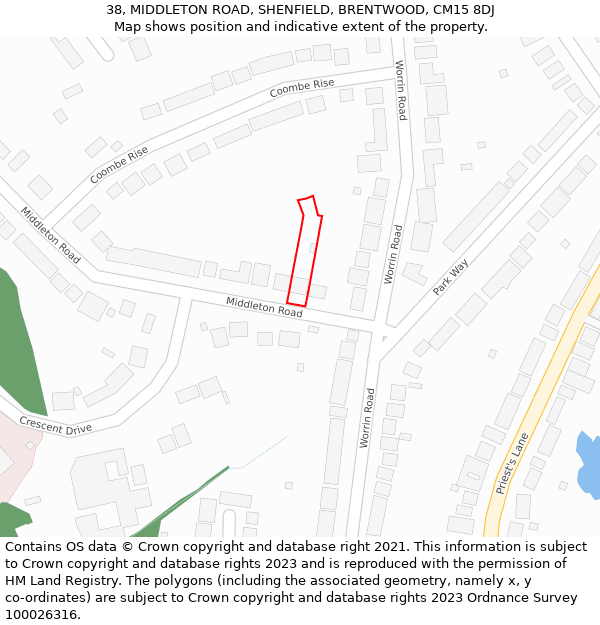 38, MIDDLETON ROAD, SHENFIELD, BRENTWOOD, CM15 8DJ: Location map and indicative extent of plot