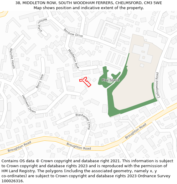 38, MIDDLETON ROW, SOUTH WOODHAM FERRERS, CHELMSFORD, CM3 5WE: Location map and indicative extent of plot