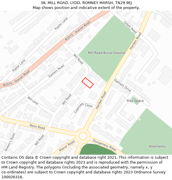 38, MILL ROAD, LYDD, ROMNEY MARSH, TN29 9EJ: Location map and indicative extent of plot