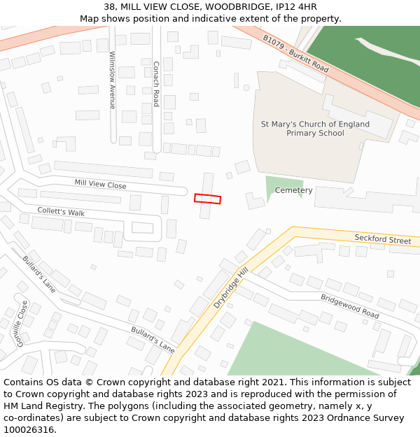 38, MILL VIEW CLOSE, WOODBRIDGE, IP12 4HR: Location map and indicative extent of plot