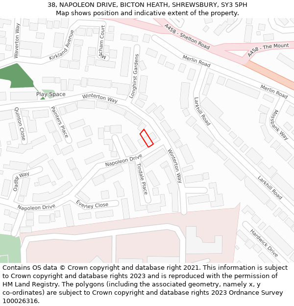 38, NAPOLEON DRIVE, BICTON HEATH, SHREWSBURY, SY3 5PH: Location map and indicative extent of plot