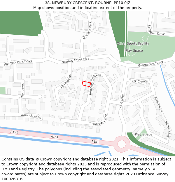 38, NEWBURY CRESCENT, BOURNE, PE10 0JZ: Location map and indicative extent of plot