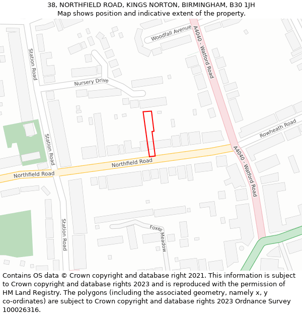 38, NORTHFIELD ROAD, KINGS NORTON, BIRMINGHAM, B30 1JH: Location map and indicative extent of plot