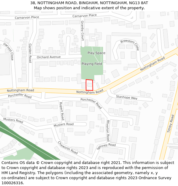 38, NOTTINGHAM ROAD, BINGHAM, NOTTINGHAM, NG13 8AT: Location map and indicative extent of plot