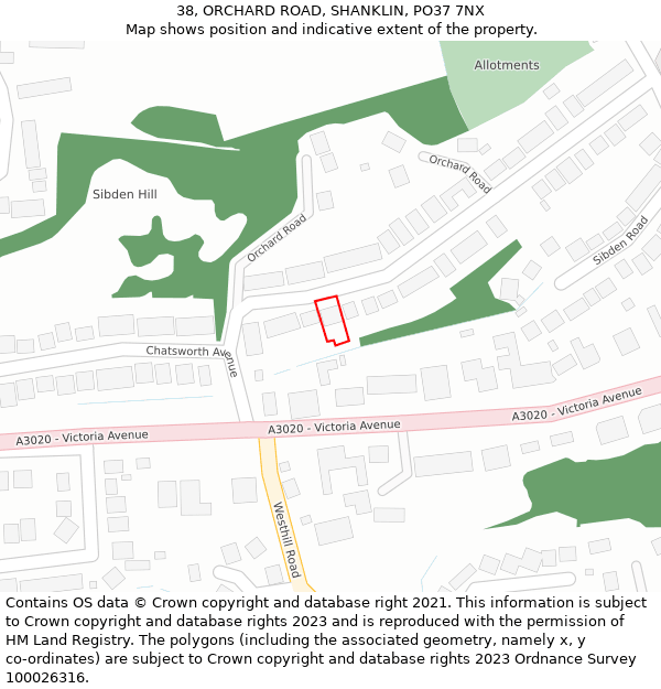 38, ORCHARD ROAD, SHANKLIN, PO37 7NX: Location map and indicative extent of plot