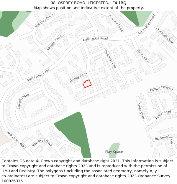 38, OSPREY ROAD, LEICESTER, LE4 1BQ: Location map and indicative extent of plot