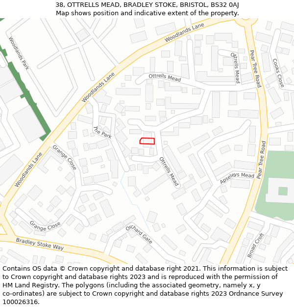 38, OTTRELLS MEAD, BRADLEY STOKE, BRISTOL, BS32 0AJ: Location map and indicative extent of plot