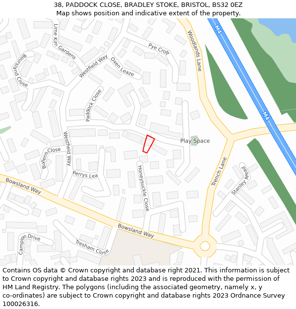 38, PADDOCK CLOSE, BRADLEY STOKE, BRISTOL, BS32 0EZ: Location map and indicative extent of plot