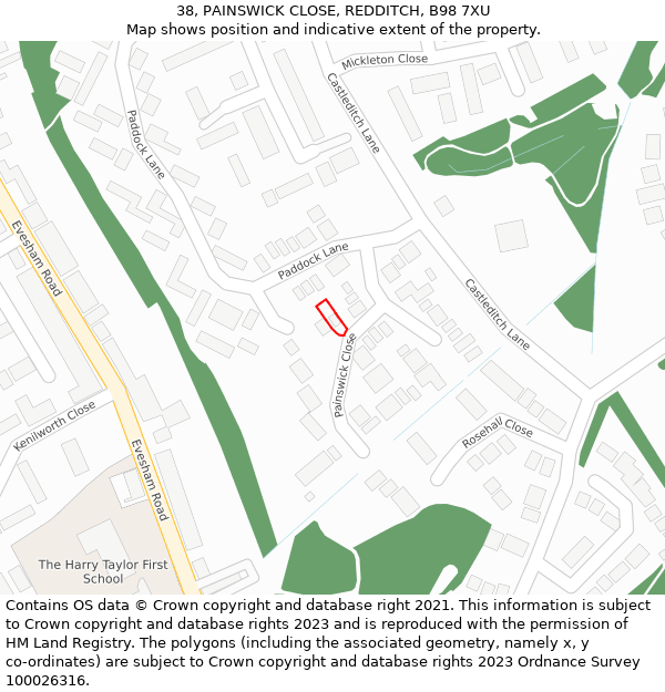 38, PAINSWICK CLOSE, REDDITCH, B98 7XU: Location map and indicative extent of plot